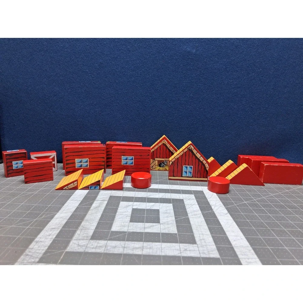 Wooden Farm Barnyard Building Blocks Cat Red Yellow Toy Set